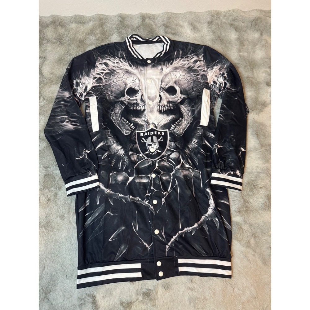 Raiders Skull Graphic Longline Varsity Long Jacket Black White 2XL-0743